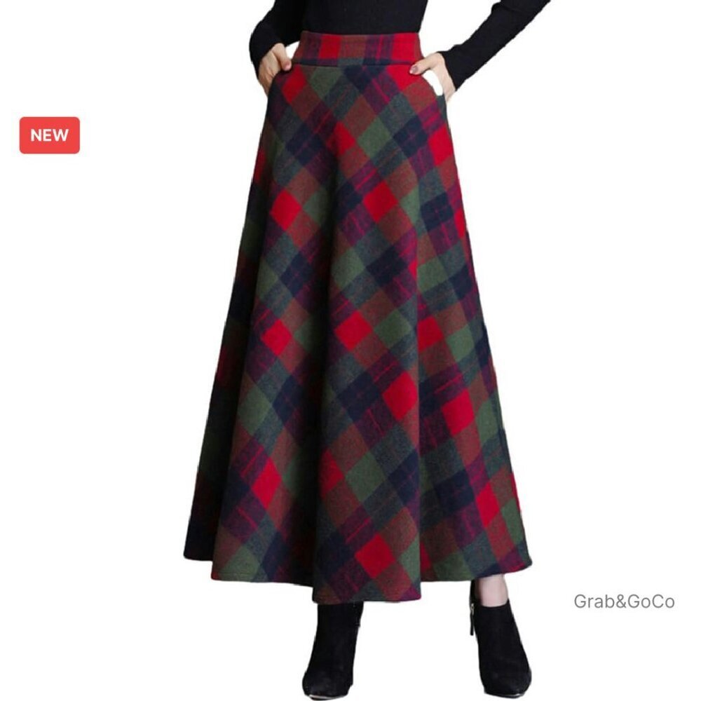 Wool Plaid A-Line Skirt Elegant Vintage Warm Elastic Waist Maxi Winter